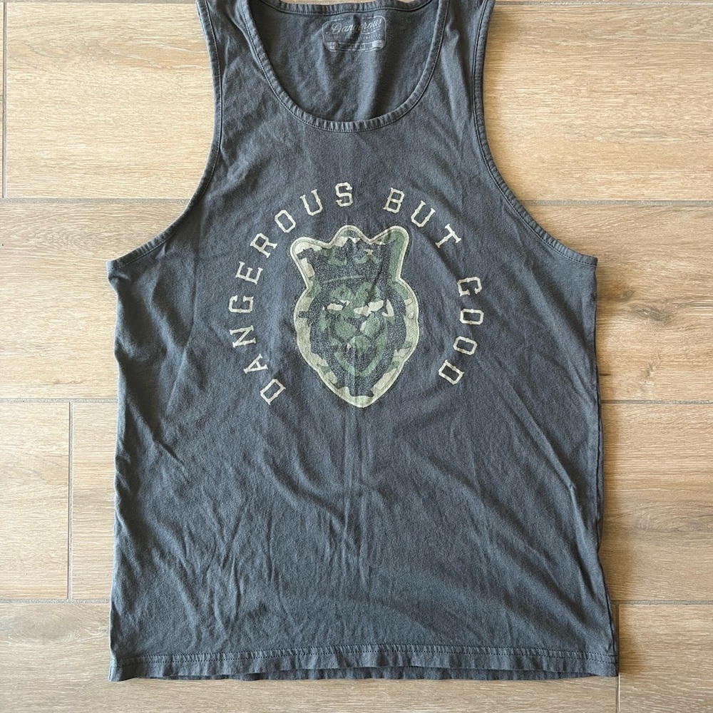 Grey cotton Dangerous But Good Large (L) Tank Top with multicam lion logo.